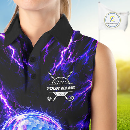 Personalized Purple Electric Lightning Women Sleeveless Golf Polo Shirt, Custom Golf Ball Polo Shirt NHT1552