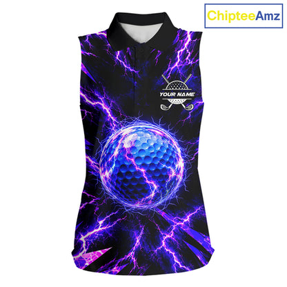Personalized Purple Electric Lightning Women Sleeveless Golf Polo Shirt, Custom Golf Ball Polo Shirt NHT1552