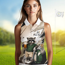 Load image into Gallery viewer, Custom Beige Funny Raccoon Golf Team Shirt For Womens, Womens Sleeveless Golf Jersey Polo Shirt Outfit NHT937