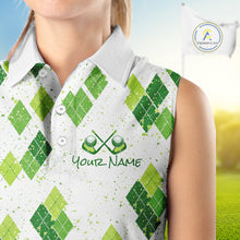 Load image into Gallery viewer, Green Argyle Womens Sleeveless Golf Polo Shirt, Pattern Golf Shirts Custom Team Golf Polo NHT574