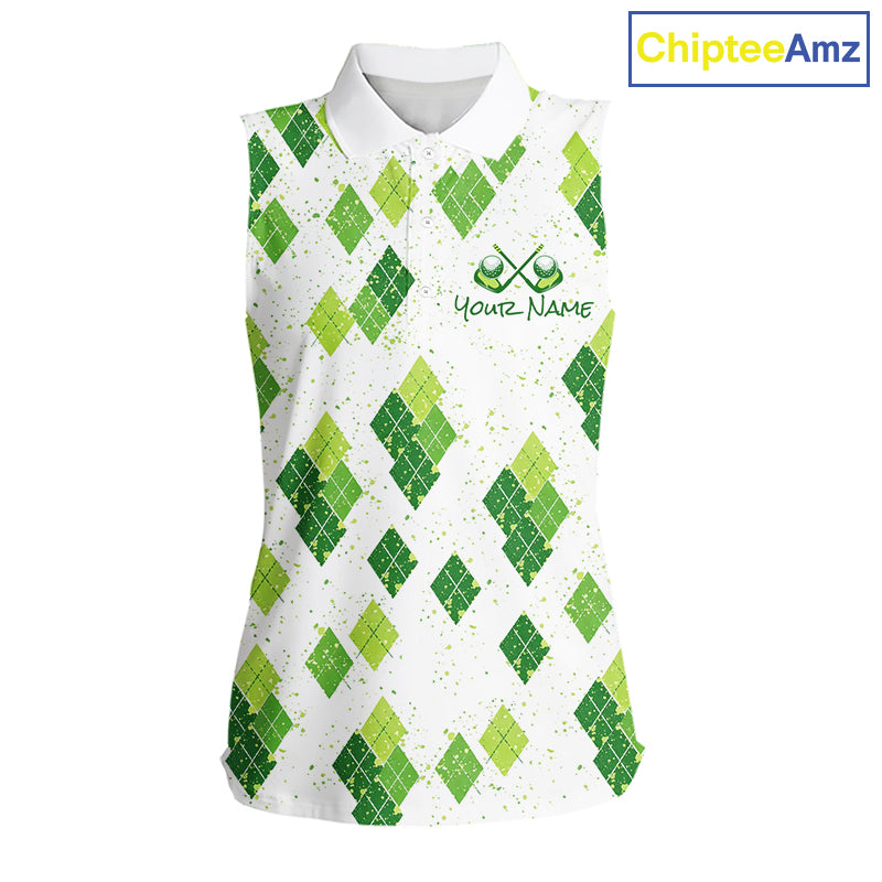 Green Argyle Womens Sleeveless Golf Polo Shirt, Pattern Golf Shirts Custom Team Golf Polo NHT574