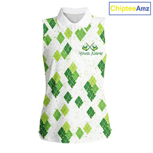 Load image into Gallery viewer, Green Argyle Womens Sleeveless Golf Polo Shirt, Pattern Golf Shirts Custom Team Golf Polo NHT574