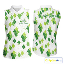 Load image into Gallery viewer, Green Argyle Womens Sleeveless Golf Polo Shirt, Pattern Golf Shirts Custom Team Golf Polo NHT574