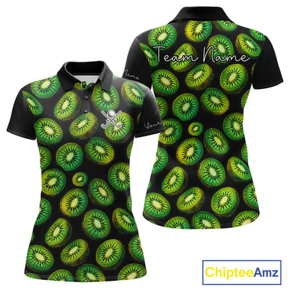 Funny Colorful Kiwi In Dark Golf Women's Polo Shirt,  Funny Fruit Pattern Polo Top NHT579