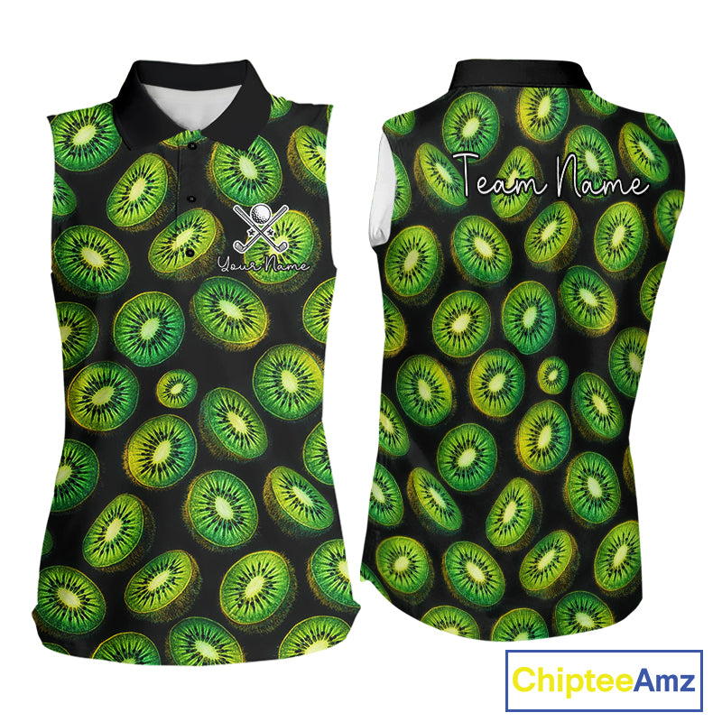 Funny Colorful Kiwi In Dark Womens Sleeveless Golf Polo Shirt,  Funny Fruit Pattern Polo Top NHT579