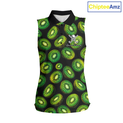 Funny Colorful Kiwi In Dark Womens Sleeveless Golf Polo Shirt,  Funny Fruit Pattern Polo Top NHT579