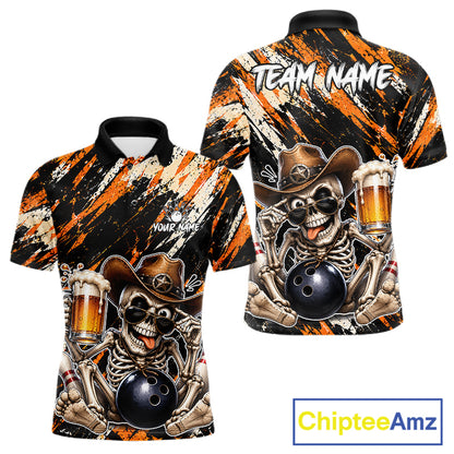 Custom Men Skeleton Cowboy Bowling Beer Polo Shirt Orange, Funny Bowling Shirt For Bowlers NHT1564