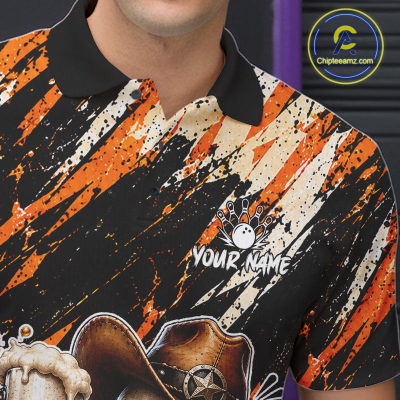 Custom Men Skeleton Cowboy Bowling Beer Polo Shirt Orange, Funny Bowling Shirt For Bowlers NHT1564