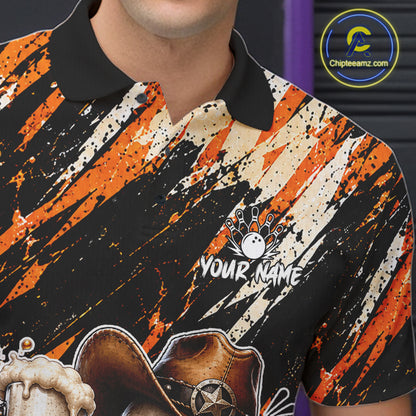 Custom Men Skeleton Cowboy Bowling Beer Polo Shirt Orange, Funny Bowling Shirt For Bowlers NHT1564