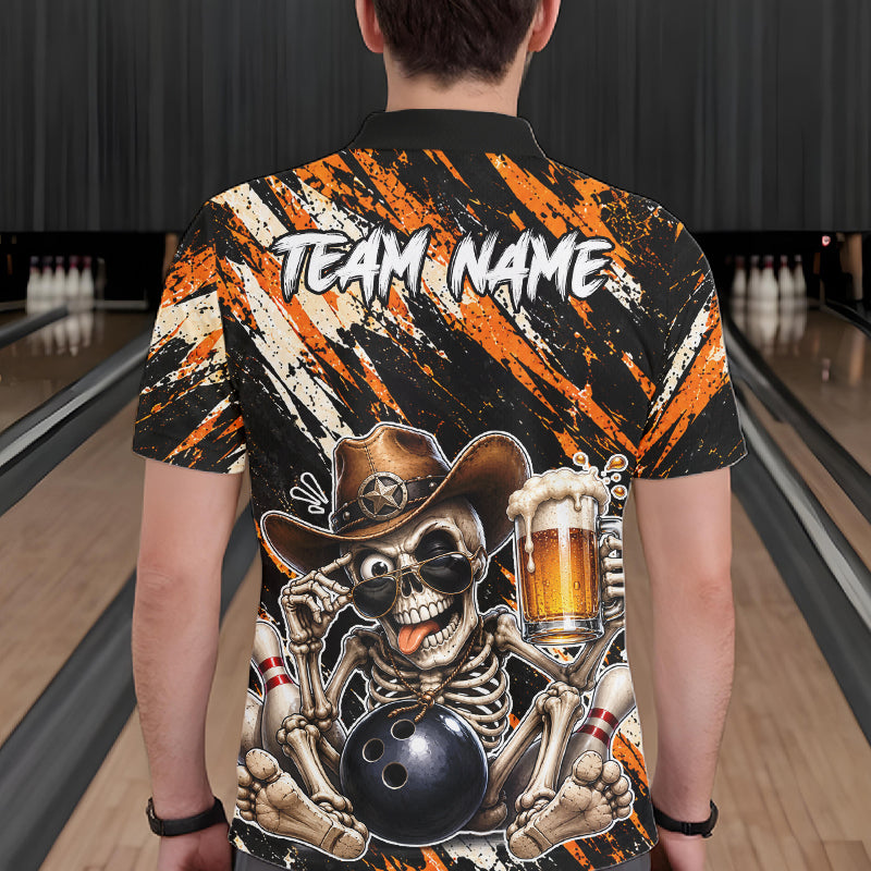 Custom Men Skeleton Cowboy Bowling Beer Polo Shirt Orange, Funny Bowling Shirt For Bowlers NHT1564