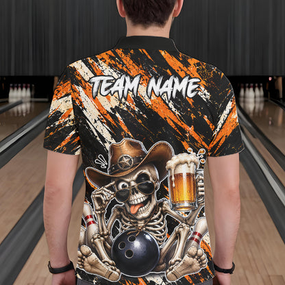 Custom Men Skeleton Cowboy Bowling Beer Polo Shirt Orange, Funny Bowling Shirt For Bowlers NHT1564