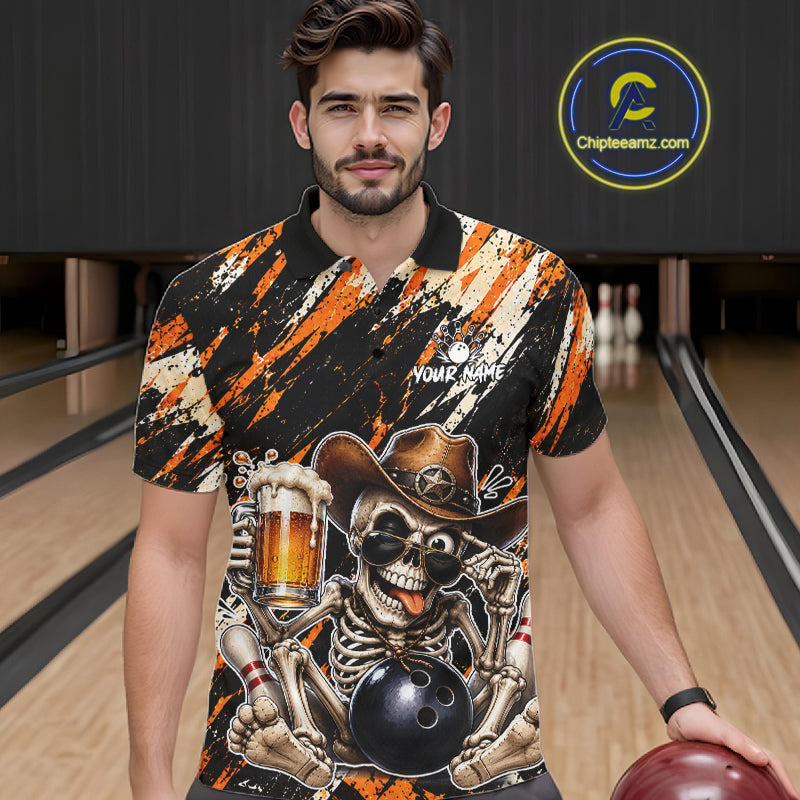 Custom Men Skeleton Cowboy Bowling Beer Polo Shirt Orange, Funny Bowling Shirt For Bowlers NHT1564