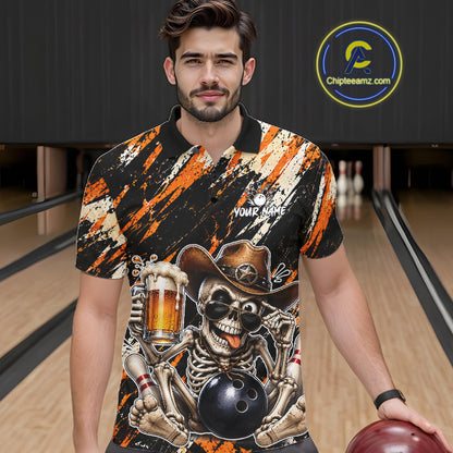 Custom Men Skeleton Cowboy Bowling Beer Polo Shirt Orange, Funny Bowling Shirt For Bowlers NHT1564