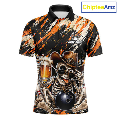 Custom Men Skeleton Cowboy Bowling Beer Polo Shirt Orange, Funny Bowling Shirt For Bowlers NHT1564
