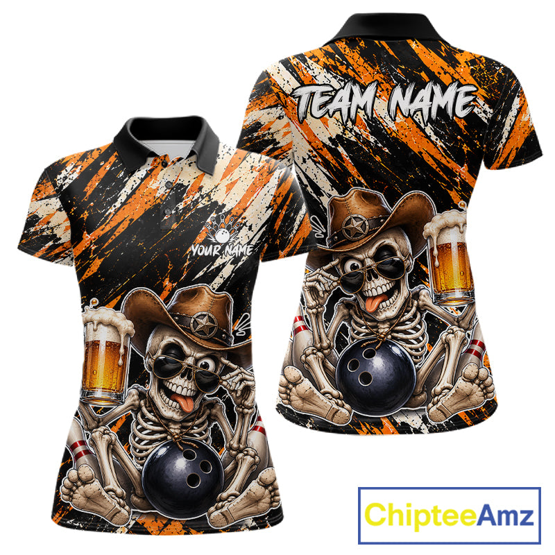 Custom Women Skeleton Cowboy Bowling Beer Polo Shirt Orange, Funny Bowling Shirt For Bowlers NHT1564