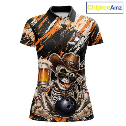 Custom Women Skeleton Cowboy Bowling Beer Polo Shirt Orange, Funny Bowling Shirt For Bowlers NHT1564