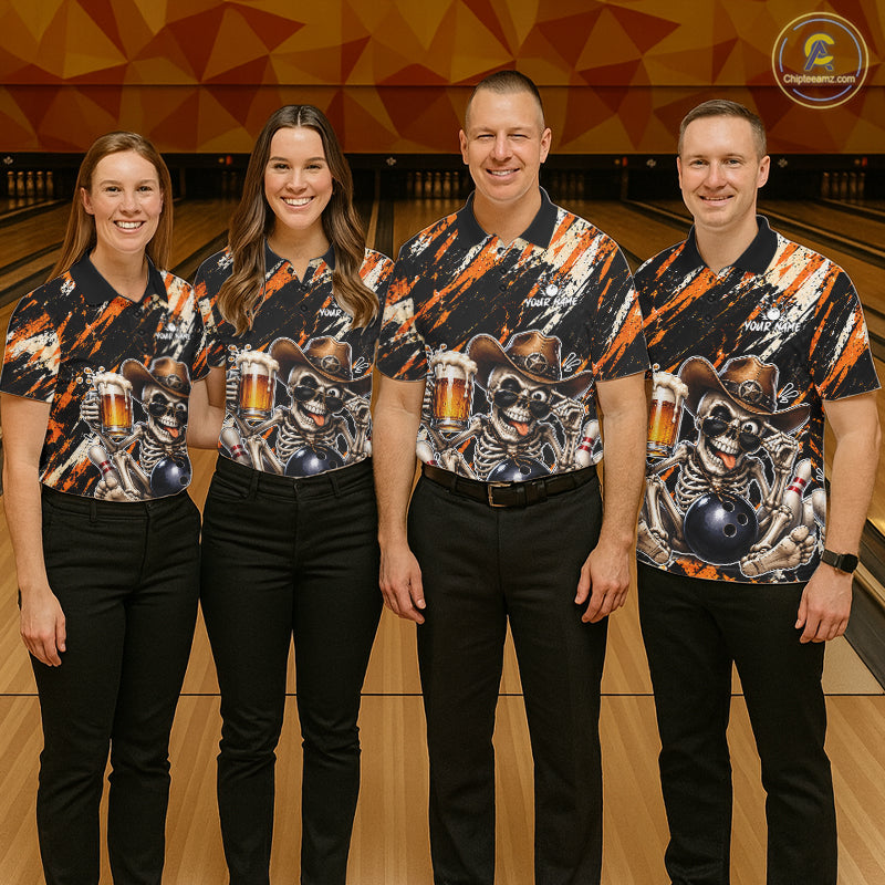Custom Women Skeleton Cowboy Bowling Beer Polo Shirt Orange, Funny Bowling Shirt For Bowlers NHT1564