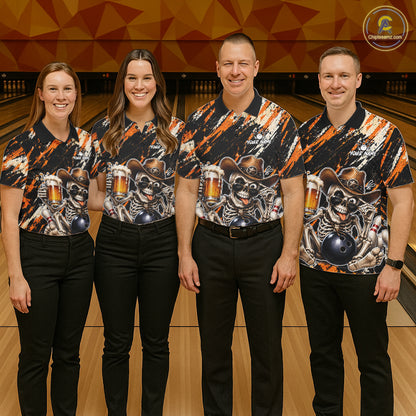 Custom Women Skeleton Cowboy Bowling Beer Polo Shirt Orange, Funny Bowling Shirt For Bowlers NHT1564