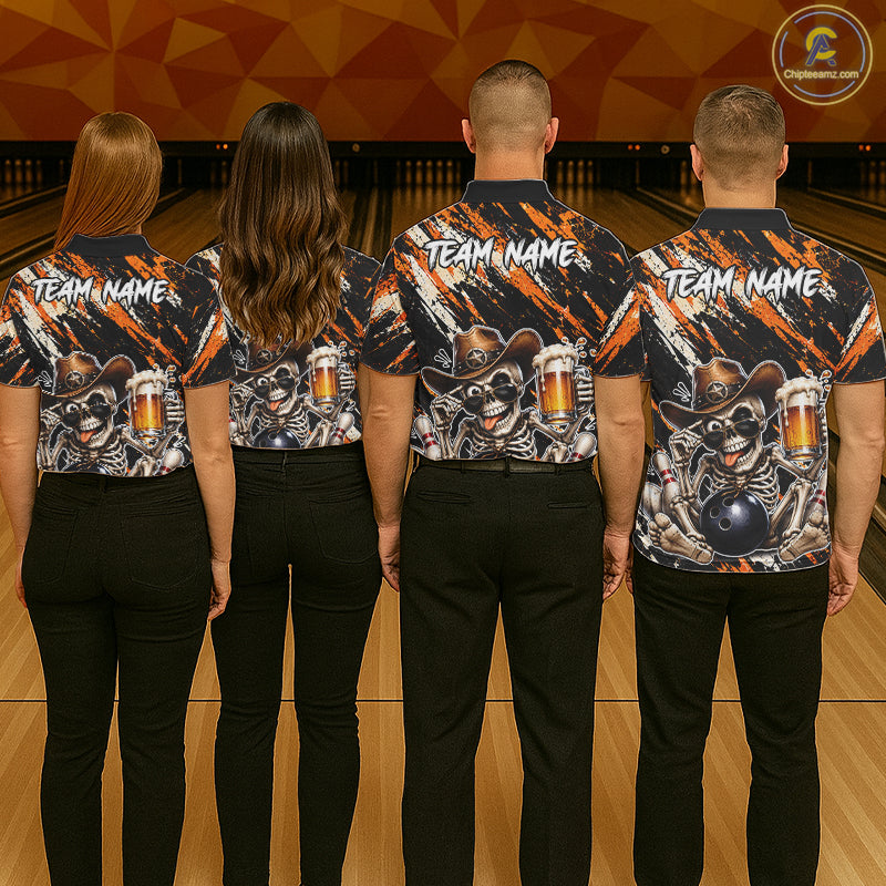 Custom Women Skeleton Cowboy Bowling Beer Polo Shirt Orange, Funny Bowling Shirt For Bowlers NHT1564