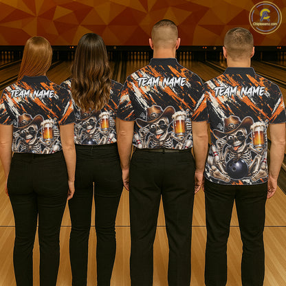 Custom Women Skeleton Cowboy Bowling Beer Polo Shirt Orange, Funny Bowling Shirt For Bowlers NHT1564