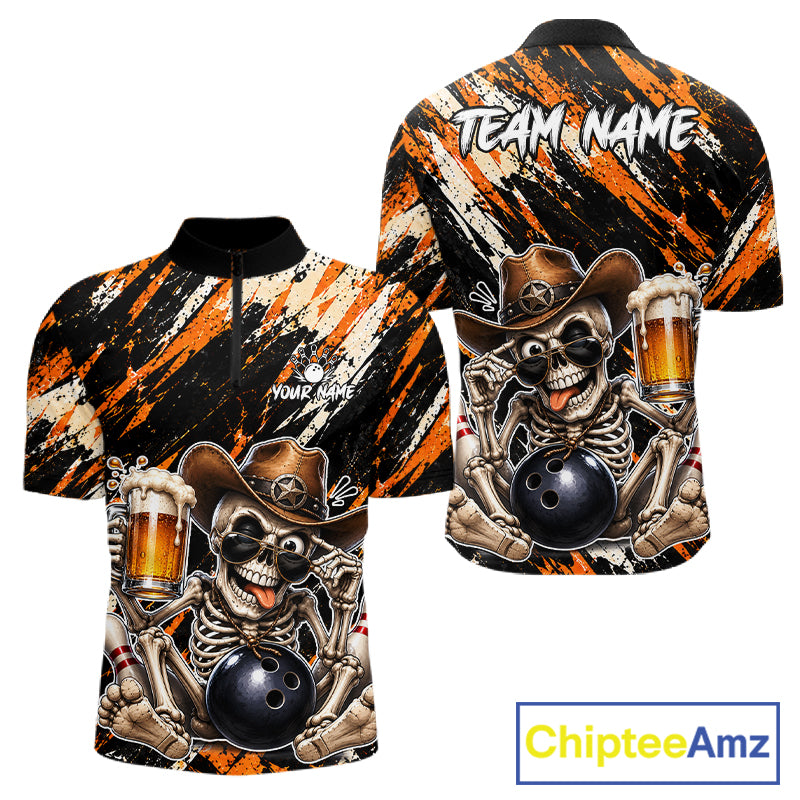 Custom Men Skeleton Cowboy Bowling Beer Polo Shirt Orange, Funny Bowling Shirt For Bowlers NHT1564