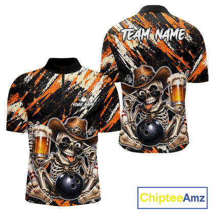 Custom Men Skeleton Cowboy Bowling Beer Polo Shirt Orange, Funny Bowling Shirt For Bowlers NHT1564