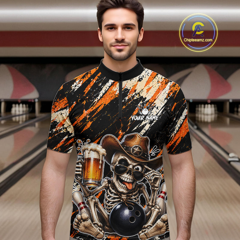 Custom Men Skeleton Cowboy Bowling Beer Polo Shirt Orange, Funny Bowling Shirt For Bowlers NHT1564