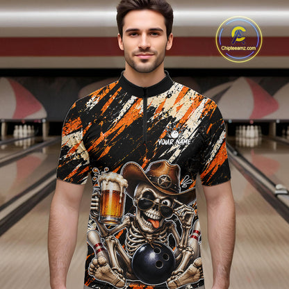 Custom Men Skeleton Cowboy Bowling Beer Polo Shirt Orange, Funny Bowling Shirt For Bowlers NHT1564