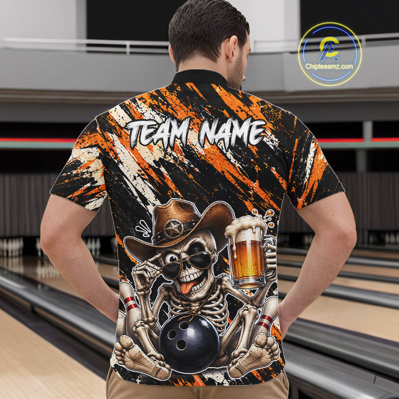 Custom Men Skeleton Cowboy Bowling Beer Polo Shirt Orange, Funny Bowling Shirt For Bowlers NHT1564