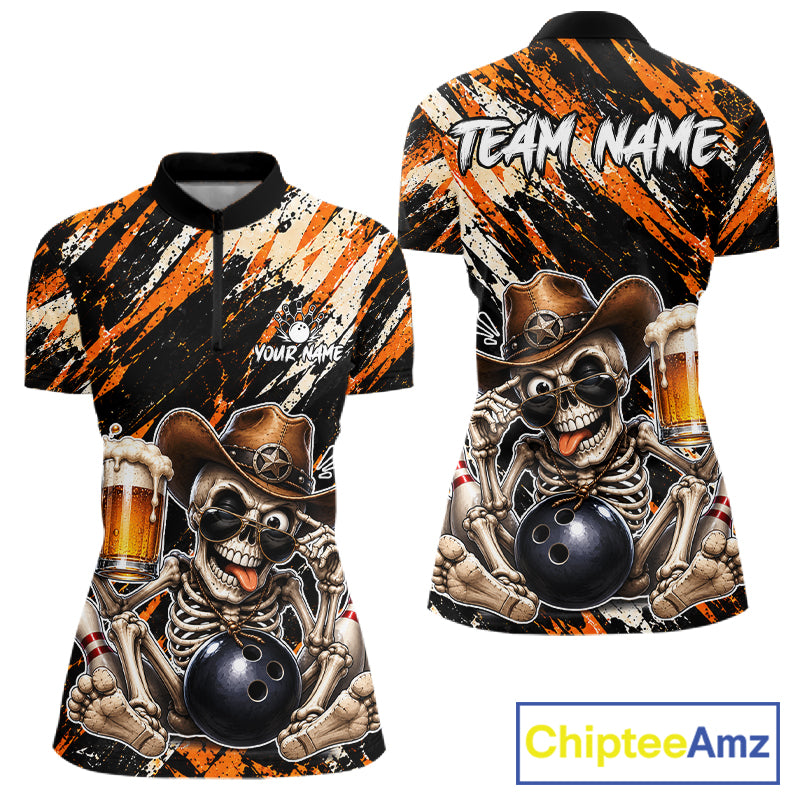 Custom Women Skeleton Cowboy Bowling Beer Polo Shirt Orange, Funny Bowling Shirt For Bowlers NHT1564