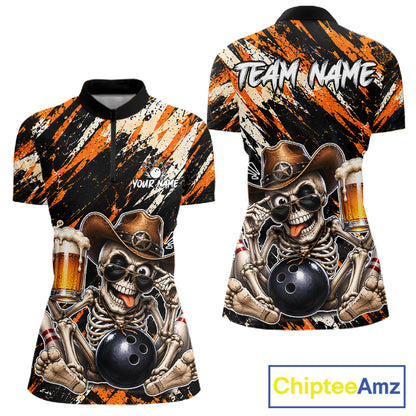 Custom Women Skeleton Cowboy Bowling Beer Polo Shirt Orange, Funny Bowling Shirt For Bowlers NHT1564