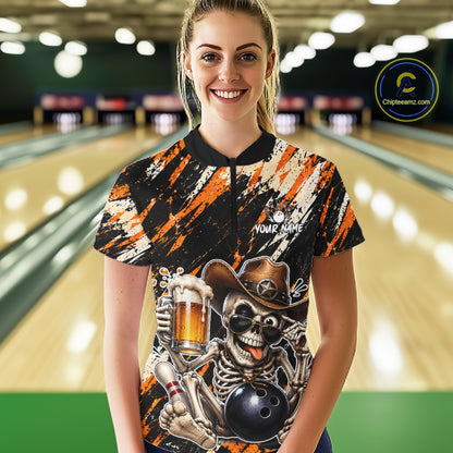 Custom Women Skeleton Cowboy Bowling Beer Polo Shirt Orange, Funny Bowling Shirt For Bowlers NHT1564
