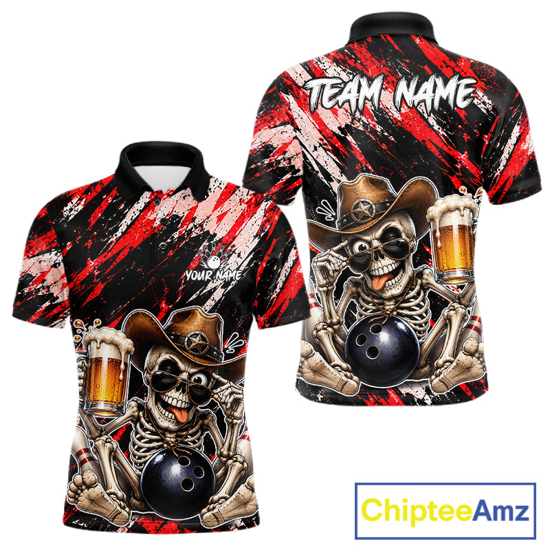 Custom Men Skeleton Cowboy Bowling Beer Polo Shirt Red, Funny Bowling Shirt For Bowlers NHT1565
