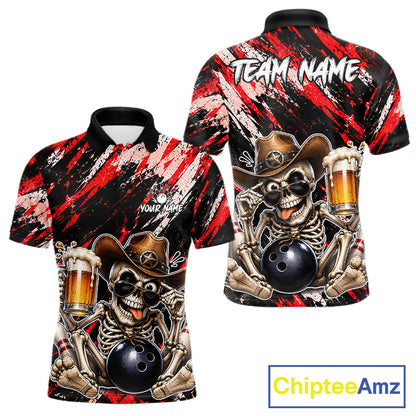 Custom Men Skeleton Cowboy Bowling Beer Polo Shirt Red, Funny Bowling Shirt For Bowlers NHT1565