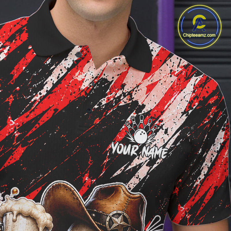 Custom Men Skeleton Cowboy Bowling Beer Polo Shirt Red, Funny Bowling Shirt For Bowlers NHT1565