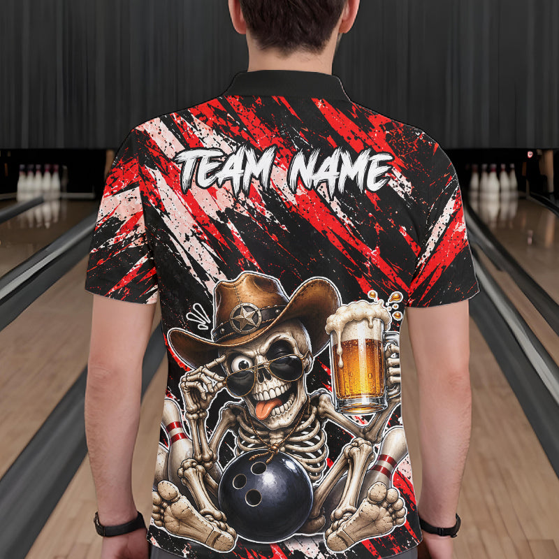 Custom Men Skeleton Cowboy Bowling Beer Polo Shirt Red, Funny Bowling Shirt For Bowlers NHT1565