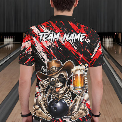 Custom Men Skeleton Cowboy Bowling Beer Polo Shirt Red, Funny Bowling Shirt For Bowlers NHT1565