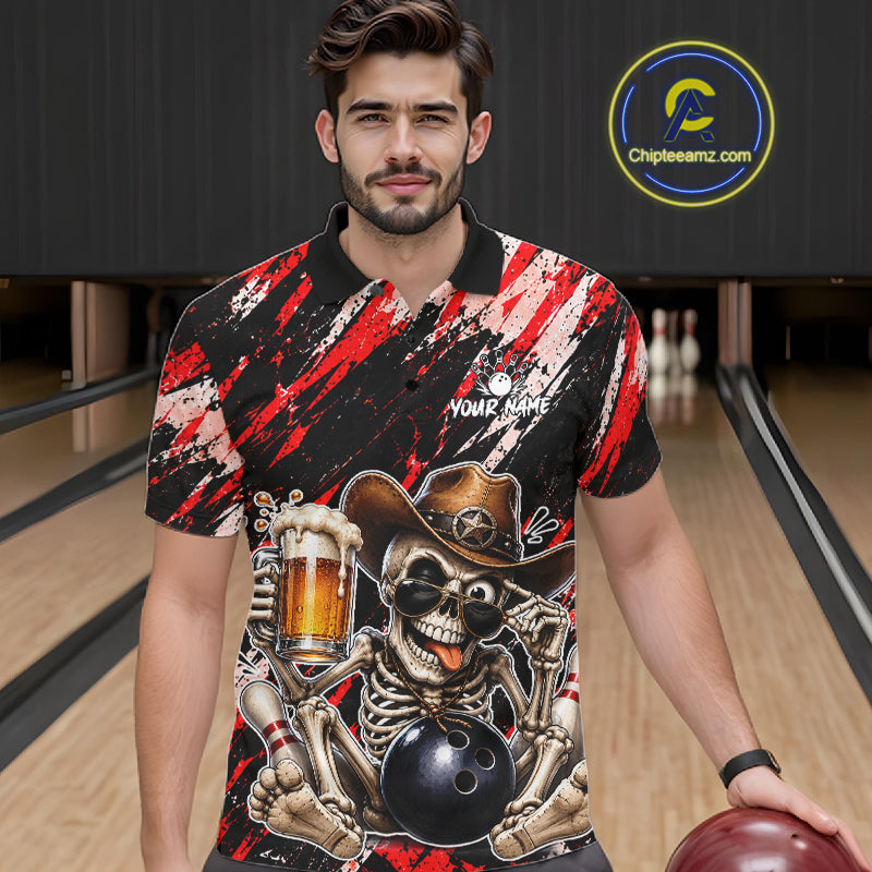 Custom Men Skeleton Cowboy Bowling Beer Polo Shirt Red, Funny Bowling Shirt For Bowlers NHT1565