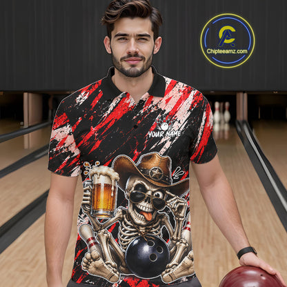 Custom Men Skeleton Cowboy Bowling Beer Polo Shirt Red, Funny Bowling Shirt For Bowlers NHT1565