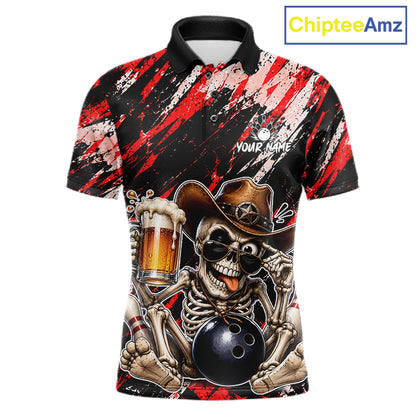 Custom Men Skeleton Cowboy Bowling Beer Polo Shirt Red, Funny Bowling Shirt For Bowlers NHT1565