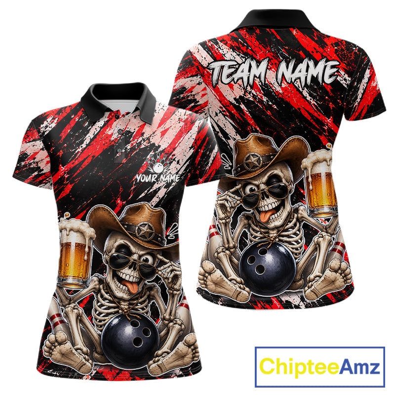 Custom Women Skeleton Cowboy Bowling Beer Polo Shirt Red, Funny Bowling Shirt For Bowlers NHT1565