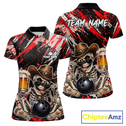 Custom Women Skeleton Cowboy Bowling Beer Polo Shirt Red, Funny Bowling Shirt For Bowlers NHT1565