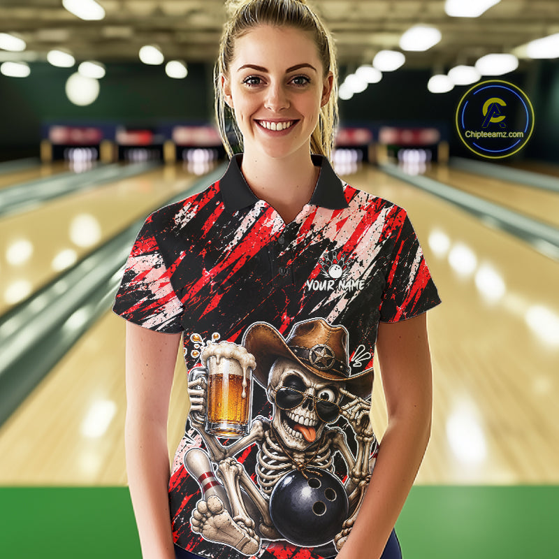 Custom Women Skeleton Cowboy Bowling Beer Polo Shirt Red, Funny Bowling Shirt For Bowlers NHT1565
