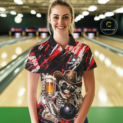 Custom Women Skeleton Cowboy Bowling Beer Polo Shirt Red, Funny Bowling Shirt For Bowlers NHT1565