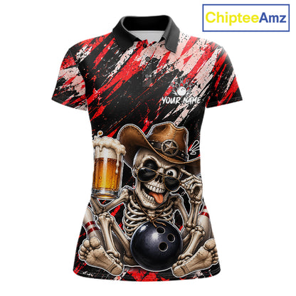 Custom Women Skeleton Cowboy Bowling Beer Polo Shirt Red, Funny Bowling Shirt For Bowlers NHT1565