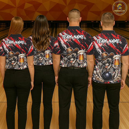 Custom Women Skeleton Cowboy Bowling Beer Polo Shirt Red, Funny Bowling Shirt For Bowlers NHT1565