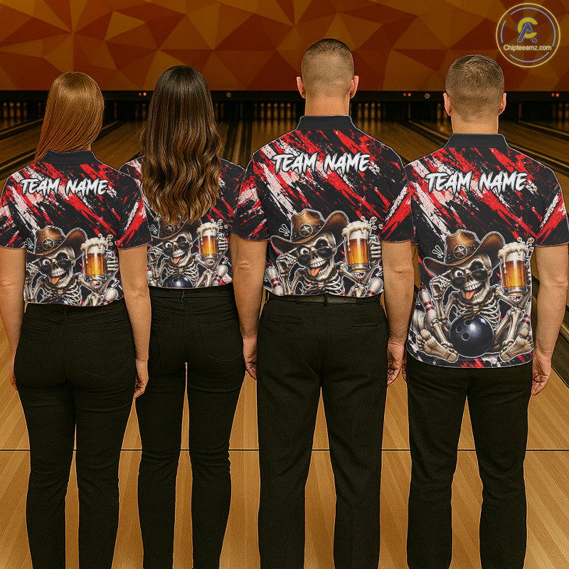 Custom Men Skeleton Cowboy Bowling Beer Polo Shirt Red, Funny Bowling Shirt For Bowlers NHT1565