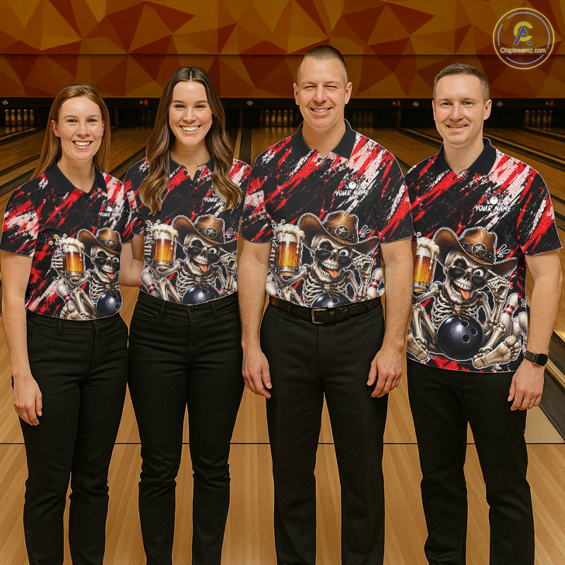 Custom Men Skeleton Cowboy Bowling Beer Polo Shirt Red, Funny Bowling Shirt For Bowlers NHT1565