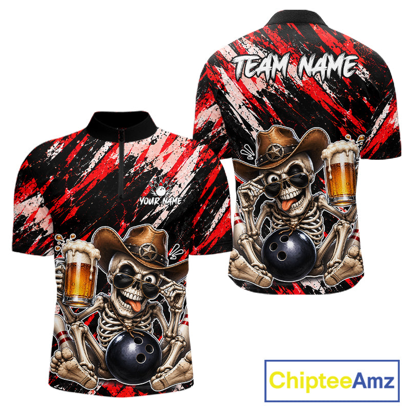 Custom Men Skeleton Cowboy Bowling Beer Polo Shirt Red, Funny Bowling Shirt For Bowlers NHT1565