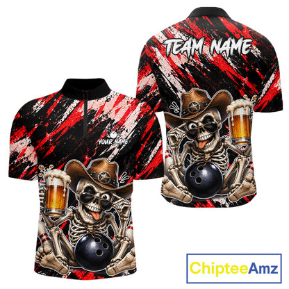 Custom Men Skeleton Cowboy Bowling Beer Polo Shirt Red, Funny Bowling Shirt For Bowlers NHT1565